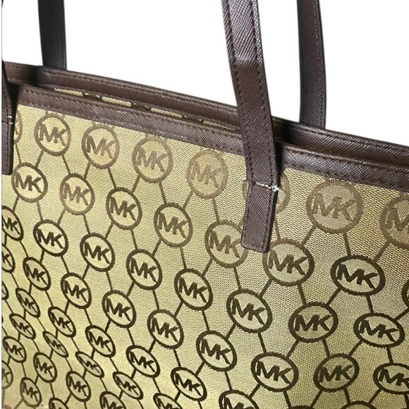 MICHAEL KORS - Beige-Mocha Block Monogram Signature Top Handle Tote Bag - Picture 6 of 6
